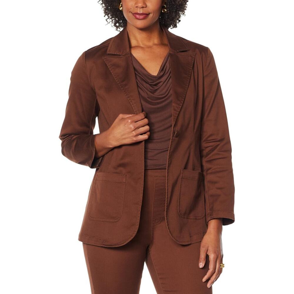 DG2 by Diane Gilman FLEXstretch Tailored Blazer Coat Deep V-neck Espresso Medium